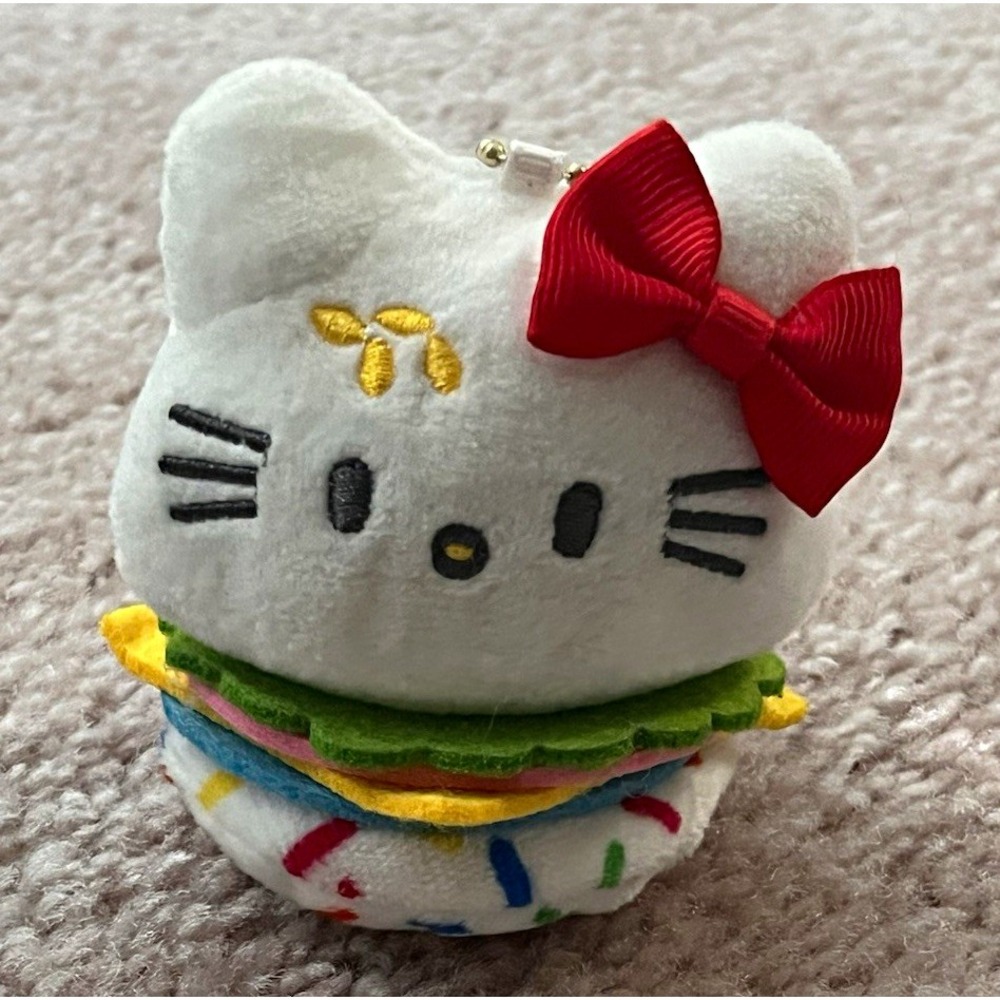 Hello Kitty Hamburger Costume Plush Doll Keyring Keychain White Red Bow